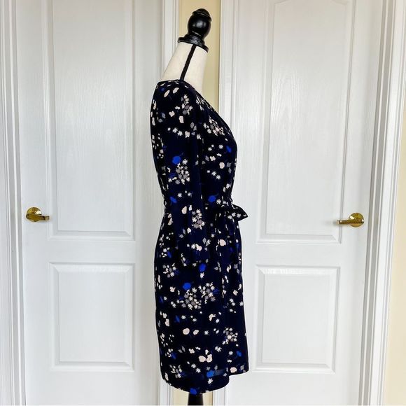 Ann Taylor Sz 0 Black and Blue Round Ruffled Neck Long Sleeves Knee Length Dress - Picture 7 of 12